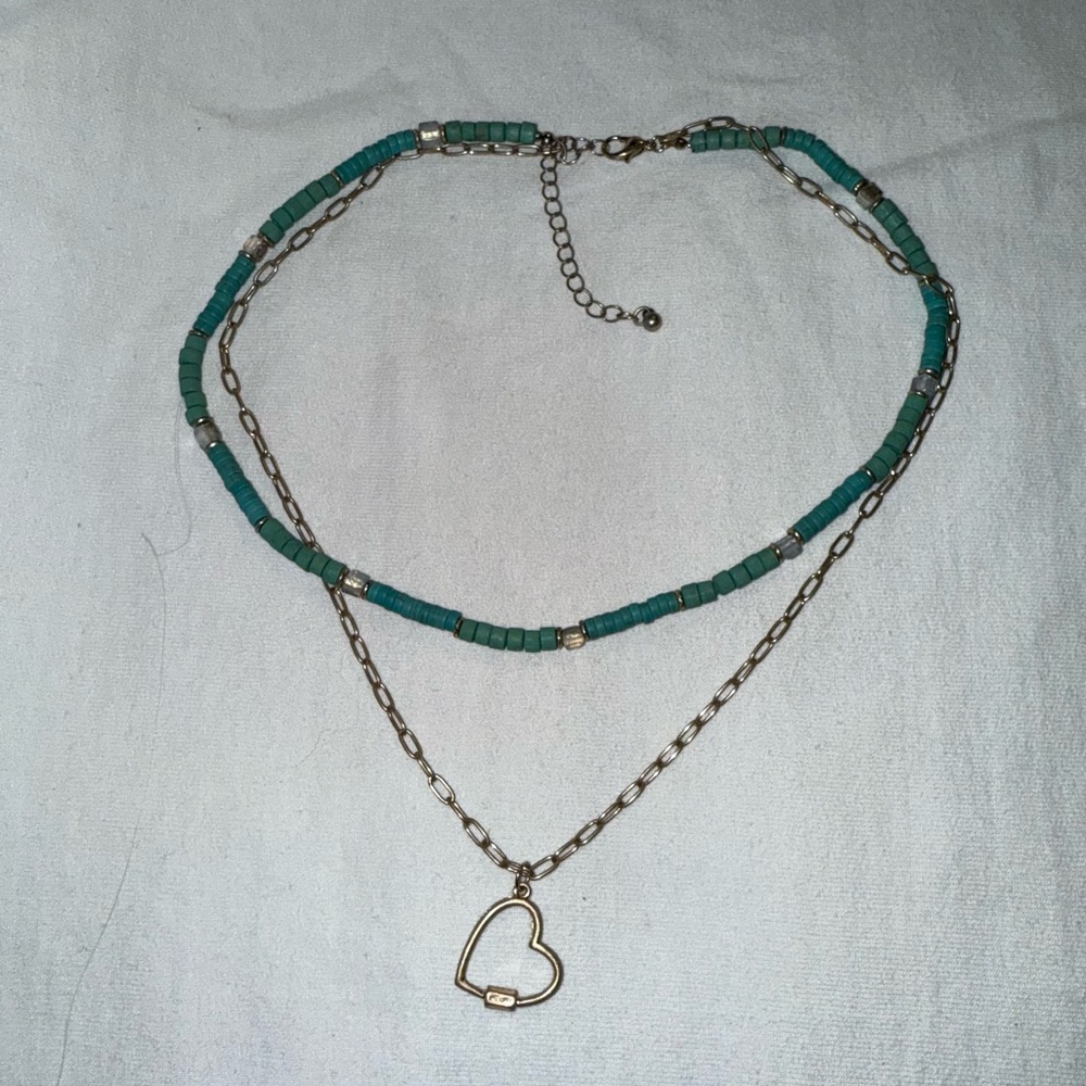 Turquoise Beaded Antique Gold Heart Charm Layered Necklace